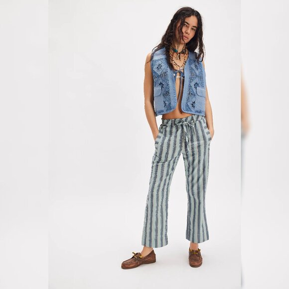Free People Marielle Pull-On Pants XS 2 Women's Striped Trousers Blue Pant 44987 - Picture 1 of 6